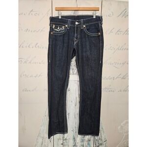 True Religion Super T Straight Leg Jeans 31 Dark Blue White Thick Stitch Y2K